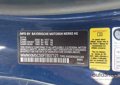 2015 Mini Hardtop Cooper из США, поврежденный, VIN WMWXM5C50FT937121
